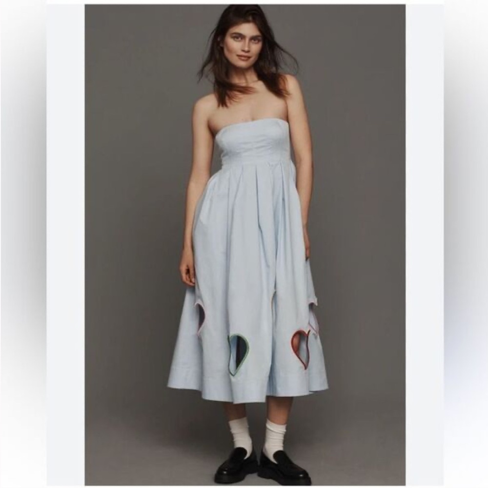 Anthropologie Mare Mare Strapless Cut-Out Hearts A-Line Midi Dress Medium | Blue